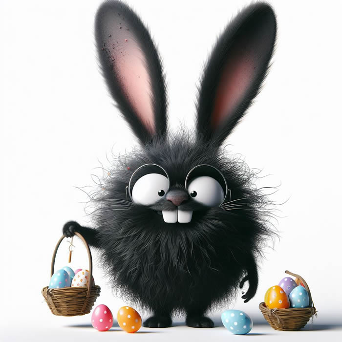 Imagem humorística de feliz Páscoa com um coelho preto com dentes grandes e ovos de Páscoa desejando uma linda Páscoa